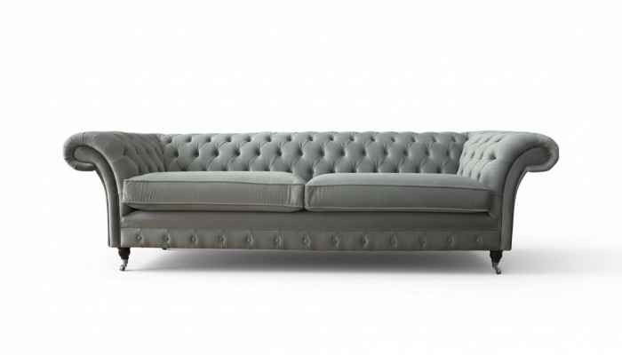 Sofá de 4 plazas Chesterfield tapizado en tela gris para sala de estar
