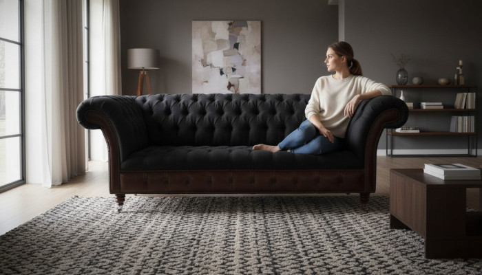 Chesterfield Sofá de 3 plazas en cuero negro con cojines de asiento de tela, nuevo.