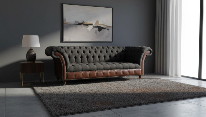 Chesterfield Sofá de 3 plazas en cuero negro con cojines de asiento de tela, nuevo.