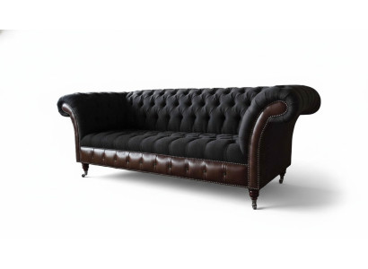 Chesterfield Sofá de 3 plazas en cuero negro con cojines de asiento de tela, nuevo.