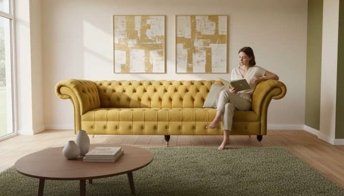 Sofá de diseño de lujo Chesterfield Textil Acolchado Sofá 4 plazas Nuevo