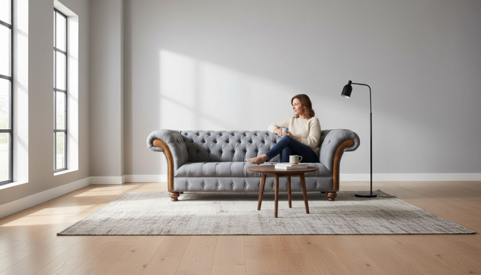 Sofá de tela Chesterfield de lujo, sofá tapizado, asiento gris, textil.