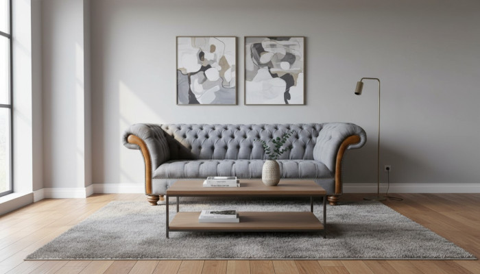 Sofá de tela Chesterfield de lujo, sofá tapizado, asiento gris, textil.