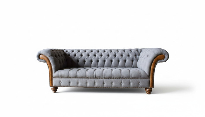 Sofá de tela Chesterfield de lujo, sofá tapizado, asiento gris, textil.