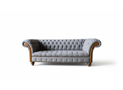 Sofá de tela Chesterfield de lujo, sofá tapizado, asiento gris, textil.