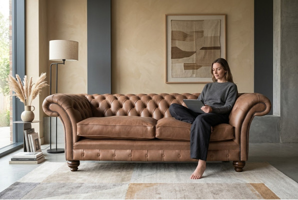 Sofá Chesterfield de diseño de lujo en cuero acolchado clásico de 3 plazas.