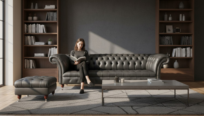 Sofá de lujo de cuatro plazas Chesterfield inglés de diseño en tela para sala de estar.