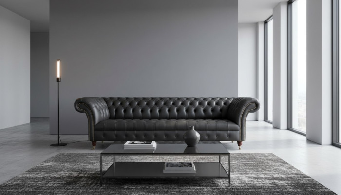 Sofá de lujo de cuatro plazas Chesterfield inglés de diseño en tela para sala de estar.