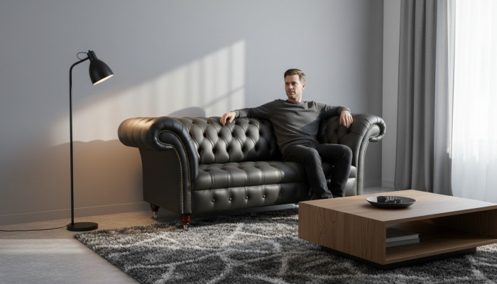 Sofá de cuero Chesterfield de dos plazas para diseñadores.