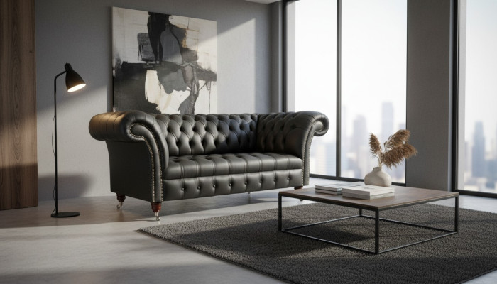 Sofá de cuero Chesterfield de dos plazas para diseñadores.