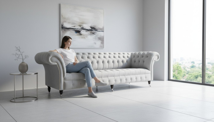 Sofá Chesterfield de 4 plazas, diseño de sofá, tela, tapizado, textil.