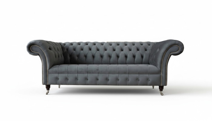 Sofá Chesterfield inglés para oficina de tres plazas de terciopelo gris de 230 cm.