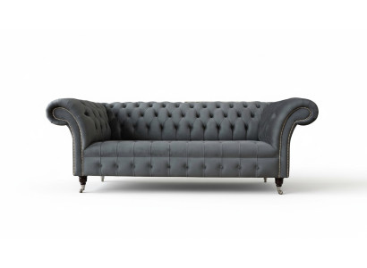 Sofá Chesterfield inglés para oficina de tres plazas de terciopelo gris de 230 cm.