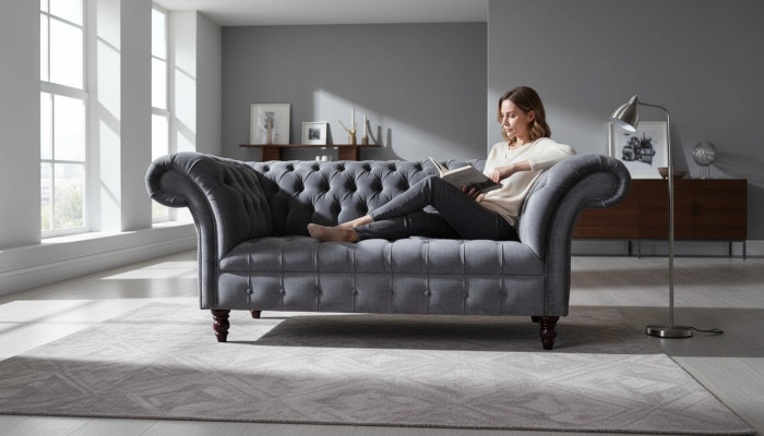 Sofá de 2 plazas Diseño de sofá Tapizado en tela Gris Chesterfield Nuevo