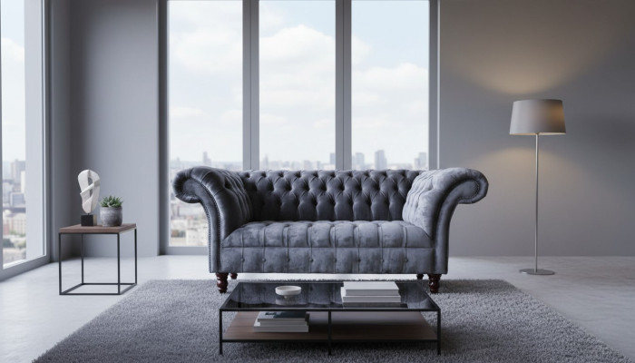 Sofá de 2 plazas Diseño de sofá Tapizado en tela Gris Chesterfield Nuevo