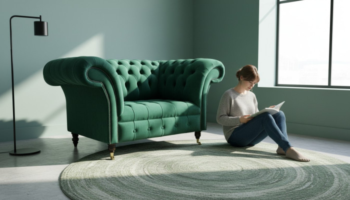 Sofá diseño Chesterfield gris sillón butaca orejero tapizado lujo textil