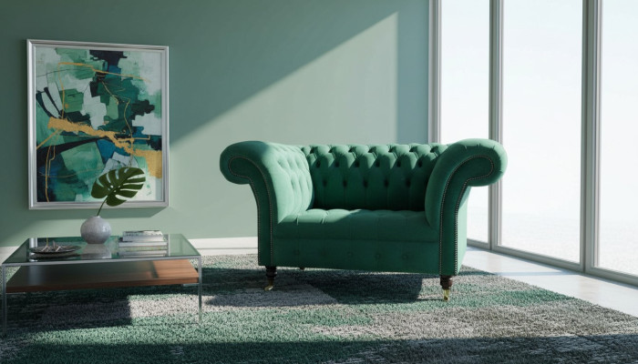 Sofá diseño Chesterfield gris sillón butaca orejero tapizado lujo textil