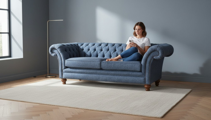 Sofá Chesterfield inglés para oficina de tres plazas de terciopelo de 230 cm.