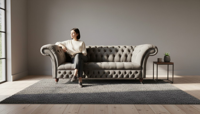 Sofá Chesterfield inglés de tres plazas de terciopelo de 230 cm en color topo.