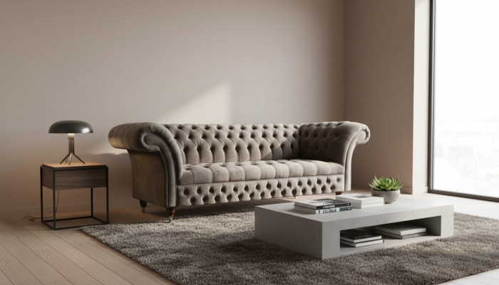 Sofá Chesterfield inglés de tres plazas de terciopelo de 230 cm en color topo.