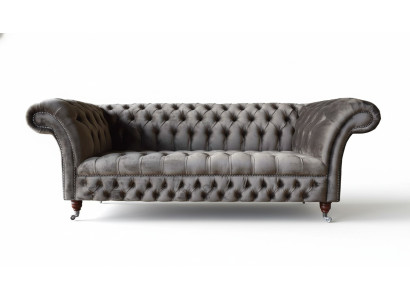 Sofá Chesterfield inglés de tres plazas de terciopelo de 230 cm en color topo.
