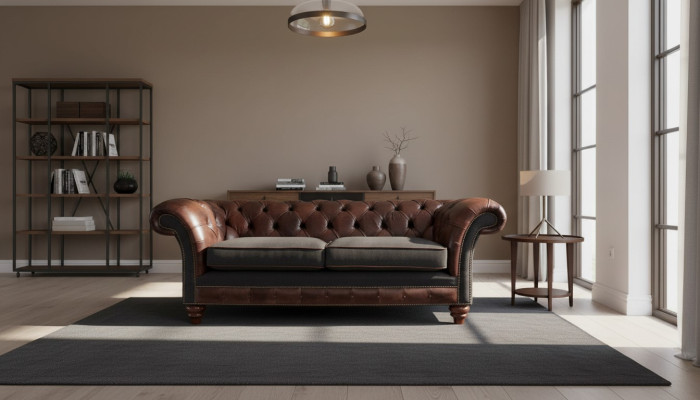 Sofá Chesterfield marrón estilo clásico inglés 3 plazas, almohadones de 230 cm.