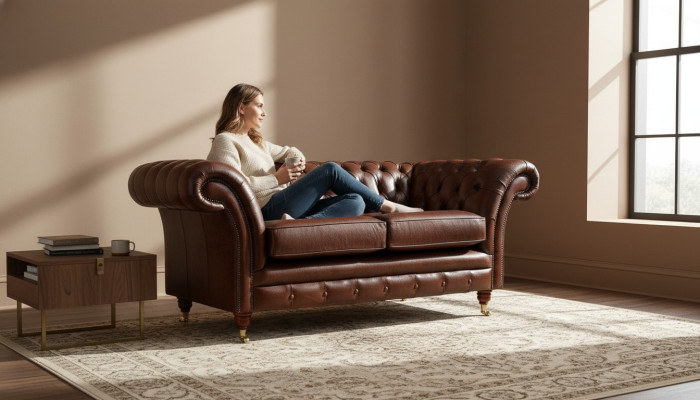 Sofá Chesterfield acolchado de cuero marrón de dos plazas, nuevo.
