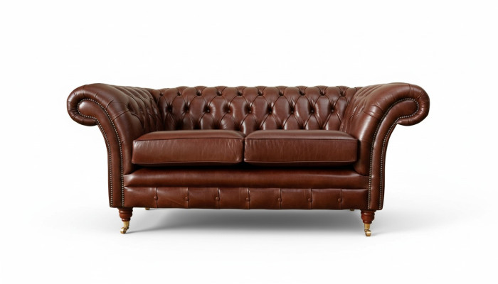 Sofá Chesterfield acolchado de cuero marrón de dos plazas, nuevo.
