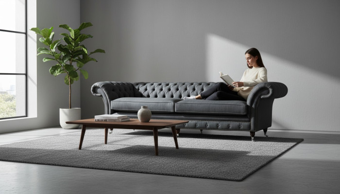 Sofá de diseño de 4 plazas, tapizado textil, sofás clásicos tipo Chesterfield.