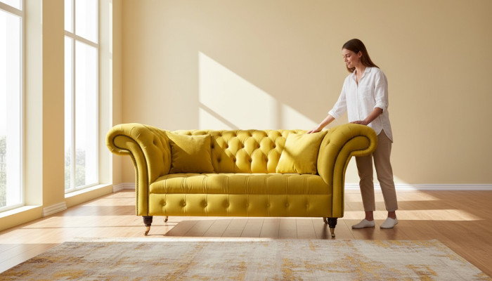 Sofá Chesterfield de 2 plazas en amarillo para la sala de estar.