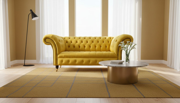Sofá Chesterfield de 2 plazas en amarillo para la sala de estar.