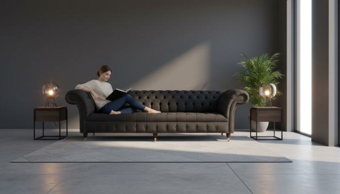 Sofá Chesterfield de 4 plazas de tela negra diseño de salón sofá tapizado.