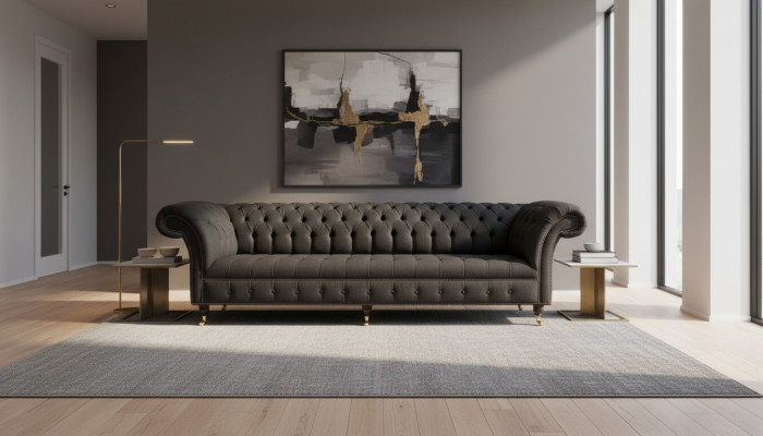 Sofá Chesterfield de 4 plazas de tela negra diseño de salón sofá tapizado.