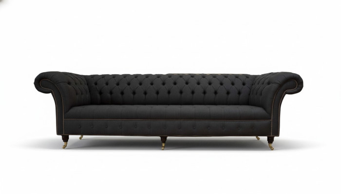 Sofá Chesterfield de 4 plazas de tela negra diseño de salón sofá tapizado.