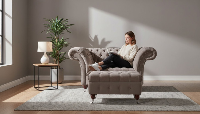 Sofá Chesterfield de 1 plaza de lujo de tela textil, nuevo.