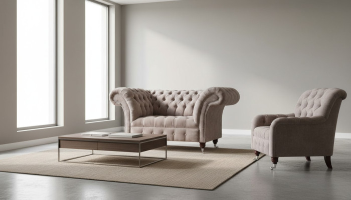 Sofá Chesterfield de 1 plaza de lujo de tela textil, nuevo.