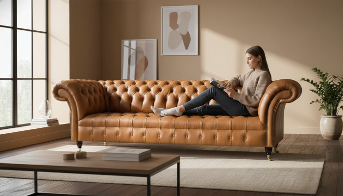 Sofá de cuero Chesterfield de 4 plazas, sofá de lujo de cuero tapizado para sala de estar.