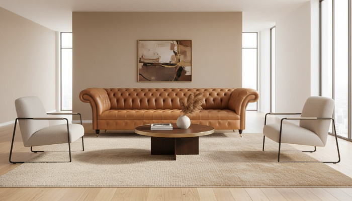 Sofá de cuero Chesterfield de 4 plazas, sofá de lujo de cuero tapizado para sala de estar.