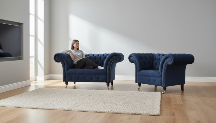 Sofá Chesterfield de 1,5 plazas, sofá de diseñador, tela de tapicería de sofá textil.