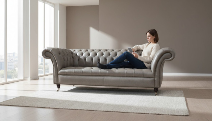 Sofá Chesterfield gris de estilo clásico inglés con 3 asientos y tapizado de 230 cm.