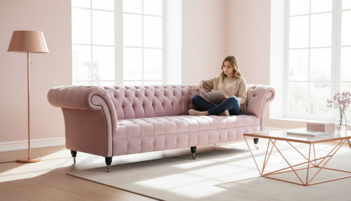 Sofá Chesterfield Rosa, Sofá con tapizado, sofá de 4 plazas, sofás de asiento.