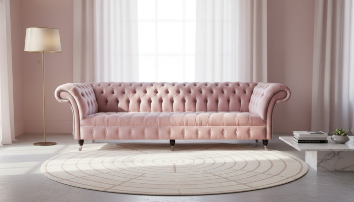 Sofá Chesterfield Rosa, Sofá con tapizado, sofá de 4 plazas, sofás de asiento.