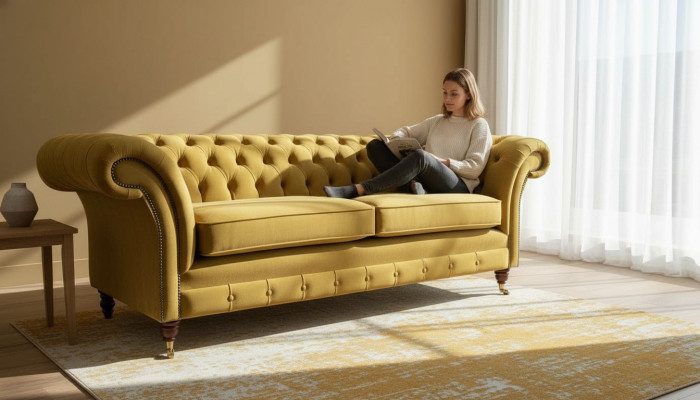 Chesterfield sofá de tres plazas de lujo, 3 plazas, diseño de tela para sofás