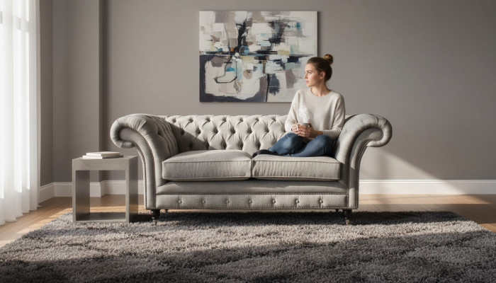 Sofá Chesterfield gris de 2 plazas, sofá de madera, muebles, sofá nuevo de tres plazas.
