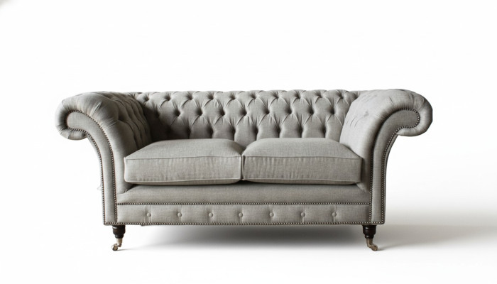 Sofá Chesterfield gris de 2 plazas, sofá de madera, muebles, sofá nuevo de tres plazas.