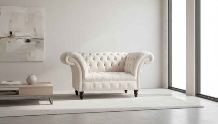 Sofá de tela Chesterfield de una y media plazas y una plaza en rosa.