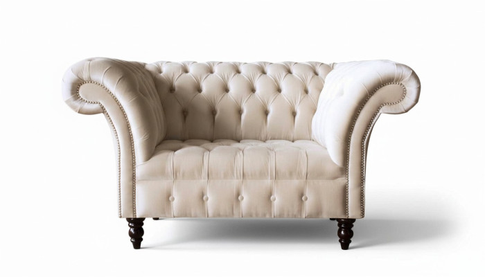 Sofá de tela Chesterfield de una y media plazas y una plaza en rosa.