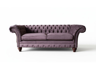 Sofá Chesterfield lila de 3 plazas de tela para la sala de estar.