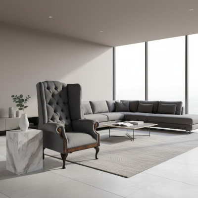 Sillón Chesterfield Orejero Sofá 1 Plaza Gris Tela Textil Nuevo