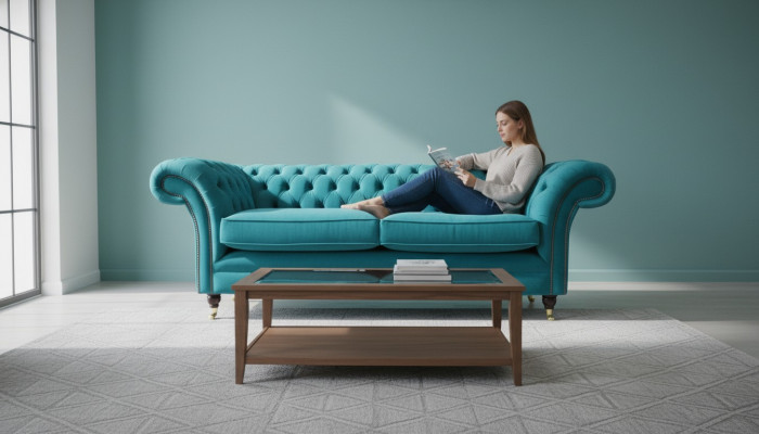 Sofá tapizado Chesterfield de tres plazas de tela azul diseño salón
